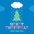 Square banner with congratulations for Christmas and Happy New Year. White cloud snow the Christmas tree on a blue background.
